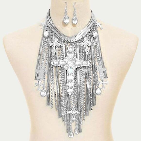 Stone Embellished Cross Dropped Chain Rhodium Statement Necklace Set NWT - Picture 1 of 6